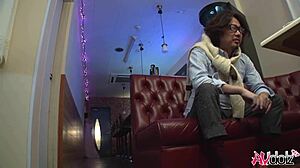 Japanese beauty Mai Takizawa fingers wet hairy pussy moaning to orgasm in restroom