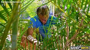 Ameena catches creeping neighbor peeking then rewards his monster black cock with shaved pussy creampie