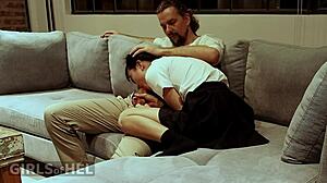 Tiny asian teen girlfriend kneels for deep blowjob on huge white cock