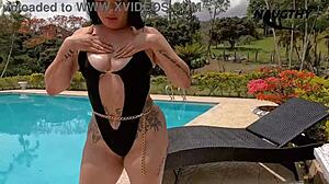 Beautiful latina teases huge ass and big pussy poolside in solo outdoor play