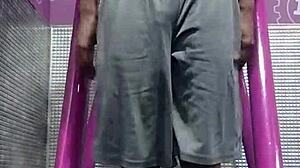 yo that machine workout in dorm gets athletic brunette super sweaty