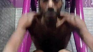 yo that machine workout in dorm gets athletic brunette super sweaty