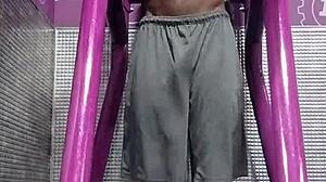 yo that machine workout in dorm gets athletic brunette super sweaty