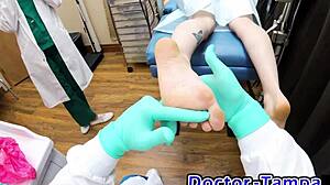 nurse ditria rose in latex gloves examines patient pov deeply