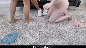 stepmom tells her busty stepdaughter to suck off daddy now