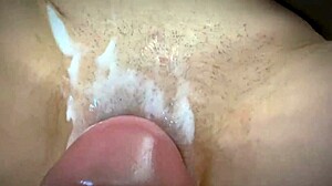 stepbrother shoots hot cumshot on my shaved wet pussy then rubs it in closeup