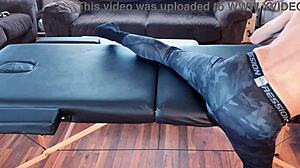 Watch Her Muscular Body Stretch in Tight Leggings on Massage Table HD!