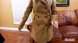 skinny dirty blonde coed sabrina fingers her pussy wildly. then she bends over for deep doggystyle pounding