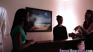 ebony teen masseuse fingers black cougar in lesbian massage!