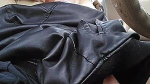 the crossdressing shemale in nylons cums hard publicly playing monster cock in car