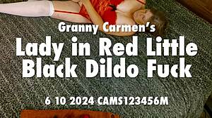 Granny Carmen's Red Lady Takes Tiny Black Dildo Deep In Close-Up Fuck