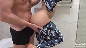 Sporty oiled teen grinds huge load on ass fingering anal in tight yoga leggings