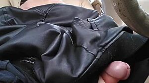 the crossdressing shemale in nylons cums hard publicly playing monster cock in car