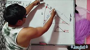 Nerdy Asian Teacher with Brown Eyes Teases Student in Bedroom Sexual Math Lesson