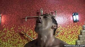 tranny nicole marques slurps and strokes massive cock hard