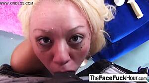 cute blonde gets face wrecked fucked deep by two huge cocks