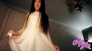 sweet brunette babe undresses white dress fingering pussy to orgasm solo nude