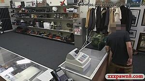 Busty blonde sneaks a hidden cam bang with big tits bouncing wildly at the pawnshop counter