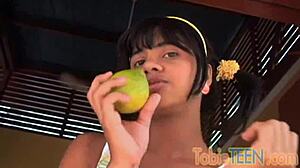 Tobie teases her petite pussy stripping down for solo fingering orgasm