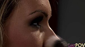 a busty lesbian can't resist as sultry milf in heels lingerie fingers her fake tits and seduces deeply