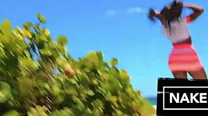 gorgeous ebony babe teases big round ass before beach throat fuck