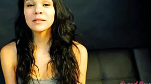 Cute brunette Sabrina masturbates then blows cock for facial cumshot