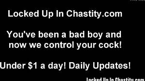 Two dominant princesses lock his cock in chastity then humiliate with handjobs