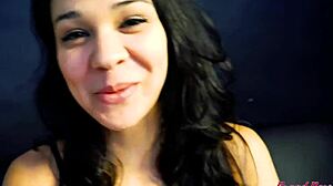 Cute brunette Sabrina masturbates then blows cock for facial cumshot