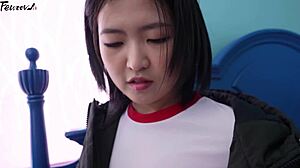 busty korean girlfriend teases foot fetish in sheer black stockings