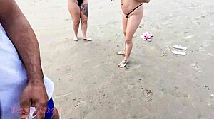 Blonde milf slut flashes pussy ass public beach with latina friend outdoor exhibition