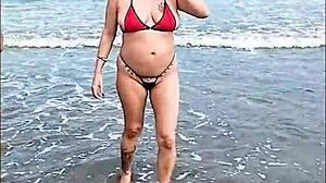 Blonde milf slut flashes pussy ass public beach with latina friend outdoor exhibition