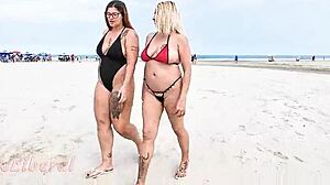 Blonde milf slut flashes pussy ass public beach with latina friend outdoor exhibition