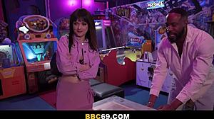 Brunette college girl slurps bbc handjob at arcade hardcore