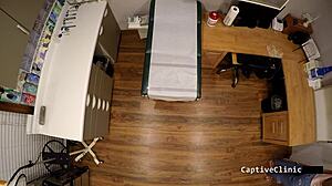 Nurse in latex handcuffs spreads for patient backstage interrogation