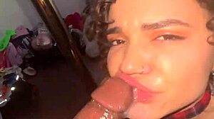 curly-haired nympho slurps cock sloppy spits then takes massive facial cumshot