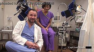 Nurse in latex handcuffs spreads for patient backstage interrogation