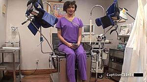 Nurse in latex handcuffs spreads for patient backstage interrogation