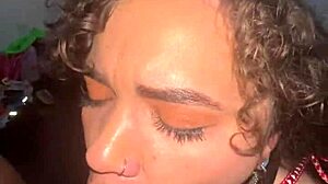 curly-haired nympho slurps cock sloppy spits then takes massive facial cumshot