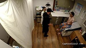 Nurse in latex handcuffs spreads for patient backstage interrogation