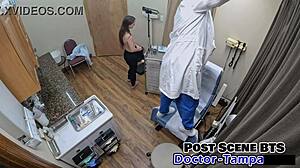 Mira Monroe's petite shaved pussy spread in first gyno exam