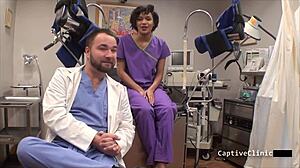 Nurse in latex handcuffs spreads for patient backstage interrogation