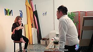 😏 bad brunette gets naked for painting then moans in shaved pussy fuck