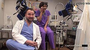 Nurse in latex handcuffs spreads for patient backstage interrogation