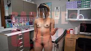 Nurse in latex handcuffs spreads for patient backstage interrogation