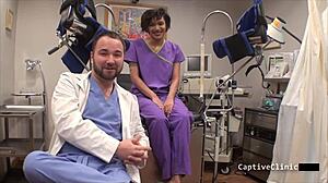 Nurse in latex handcuffs spreads for patient backstage interrogation