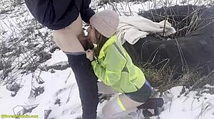 my horny girlfriend in miniskirt gets monster cock deep in public snow