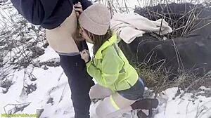 my horny girlfriend in miniskirt gets monster cock deep in public snow