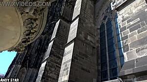 A skinny blonde kneels for public blowjob at Cologne Cathedral. She swallows the hot cumshot eagerly.