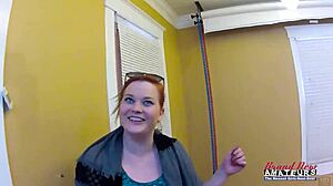 Busty ginger Carolyn fingers shaved pussy deepthroats big cock cums facial homemade redhead