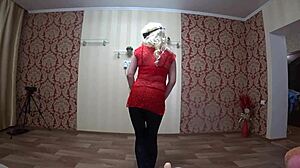 Watch this pregnant milf strip then strap-on fuck juicy lesbian ass in panties POV